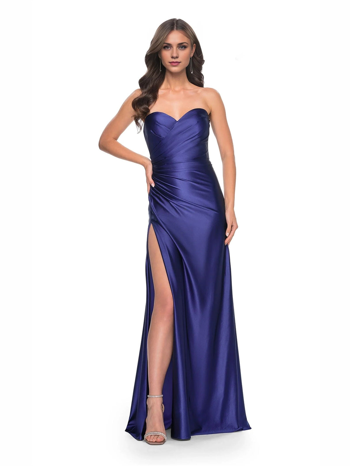 Royal blue sweetheart corset satin formal dress with ruched bodice and front slit, floor-length