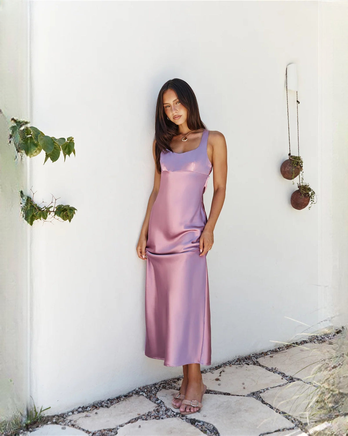 Lavender satin A-line midi bridesmaid dress with sleeveless scoop neckline