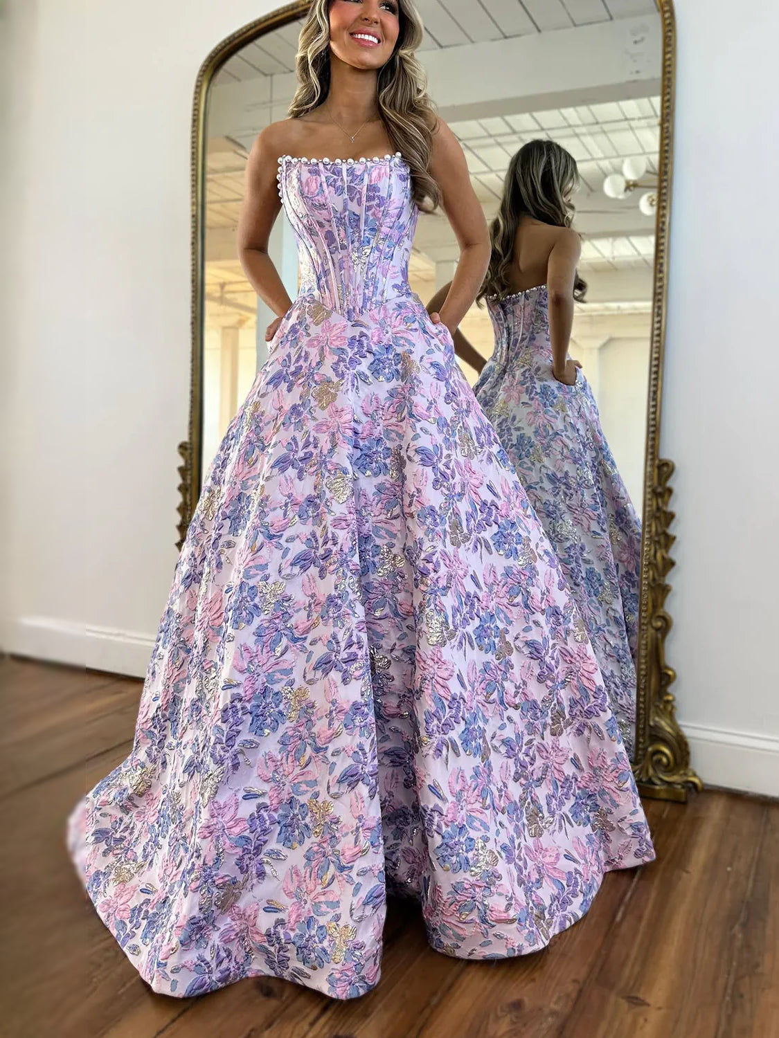 Lilac corset bodice sweetheart maxi prom dress with A-line floral satin skirt