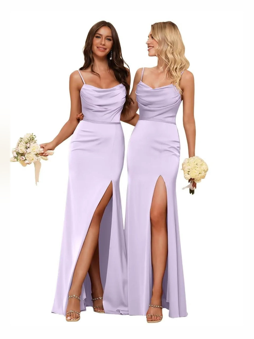 Cowl neck satin bridesmaid dress, sleeveless, lilac, front slit