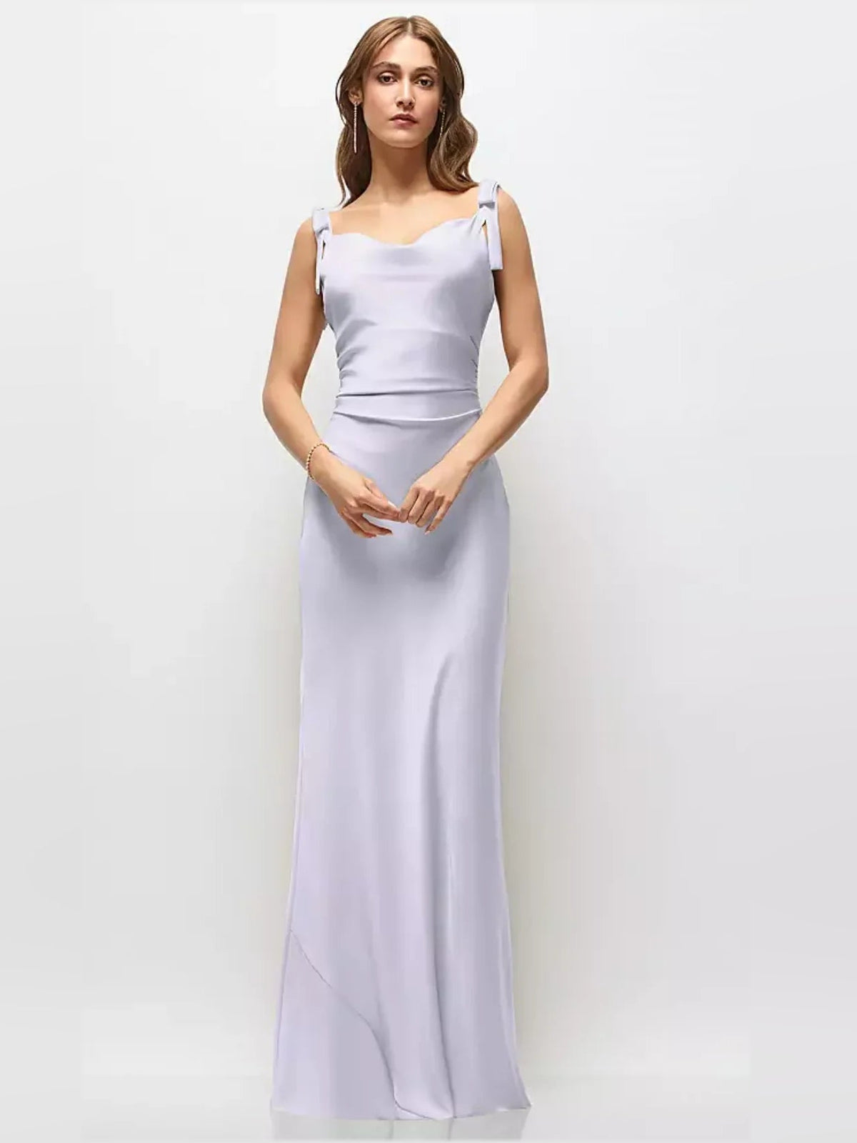 Lilac satin maxi dress with thin bow straps and ruched bodice, formfitting skirt