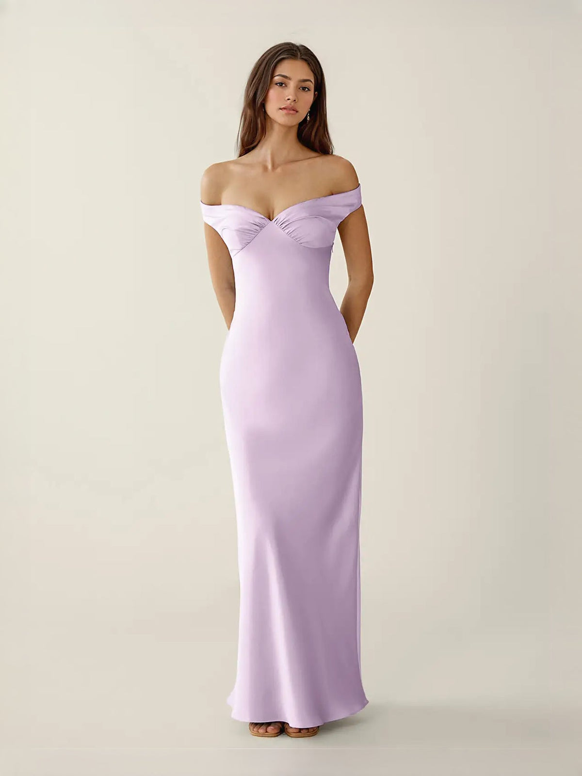 Off-shoulder column maxi satin dress in lilac