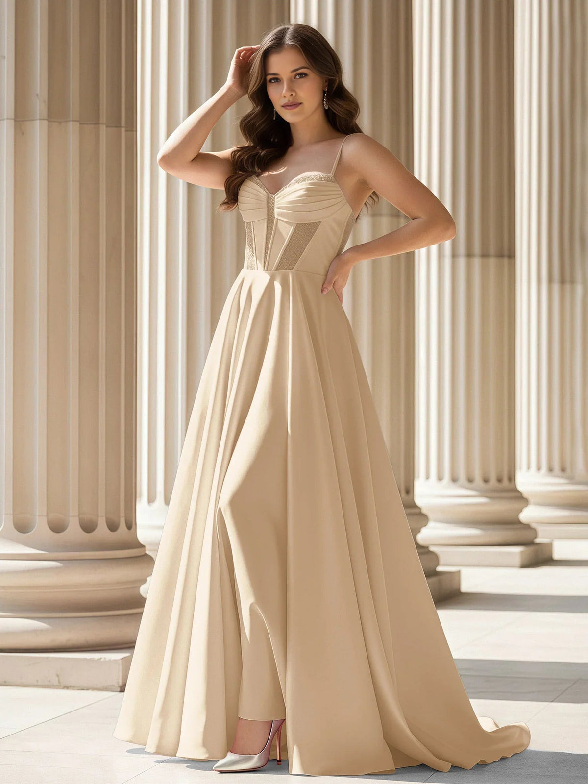 Champagne sweetheart corset A-line satin prom dress with spaghetti straps, floor length