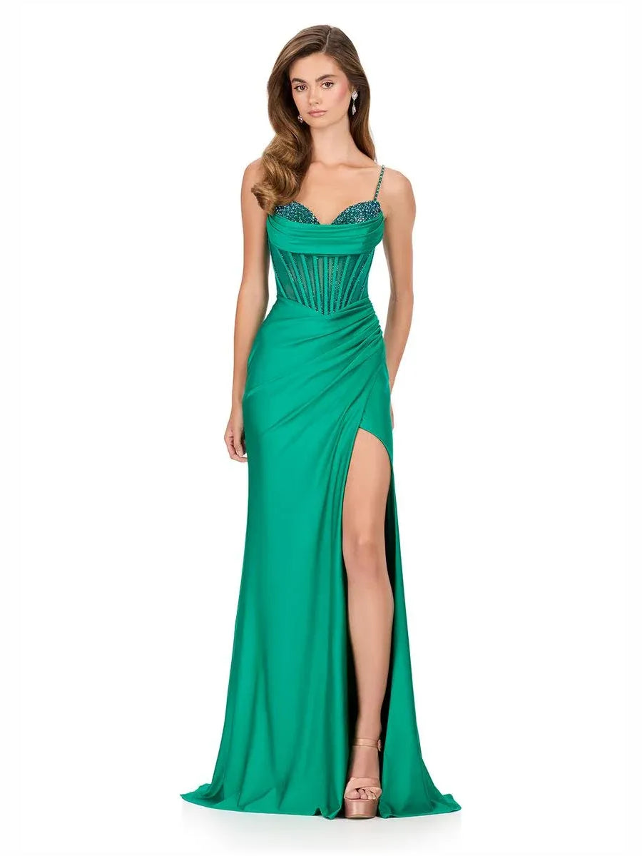 Sweetheart corset mermaid formal dress with spaghetti straps, emerald green front slit