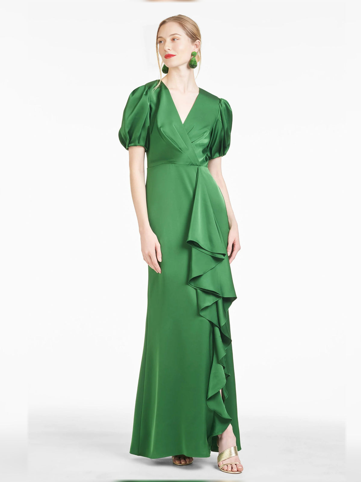 Green V-neck puff-sleeve ruffle maxi formal dress with layered ruffle overlay