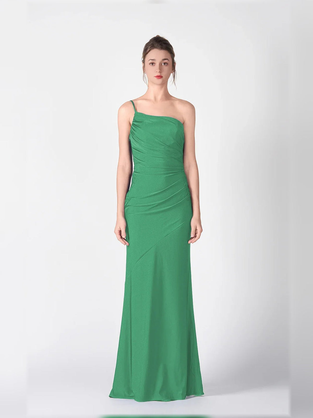 One-shoulder ruched mermaid formal dress, green, floor-length