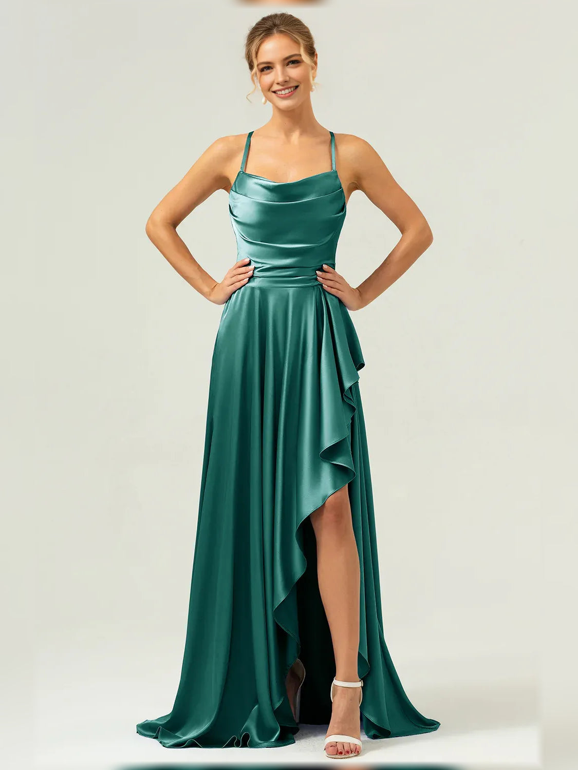Jungle green cowl-neck formal dress with thin straps, ruffled hem, and high slit