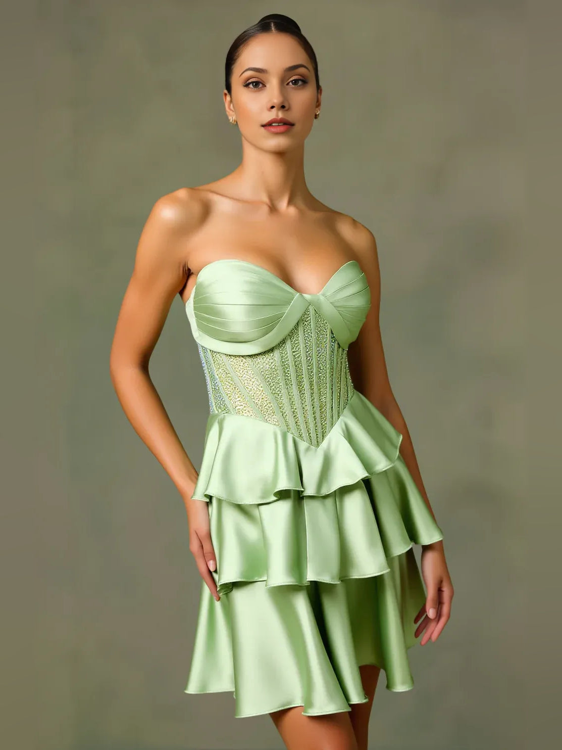 Dusty sage strapless sweetheart corset dress with tiered ruffle skirt, front view