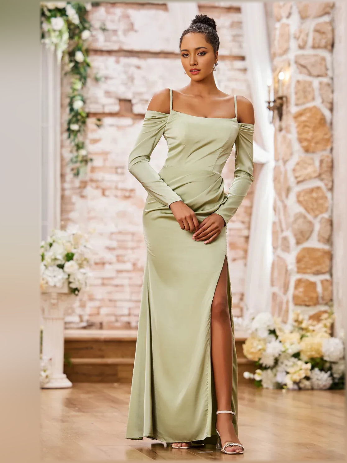 Sage green off-shoulder long-sleeve formal dress with ruching and front slit