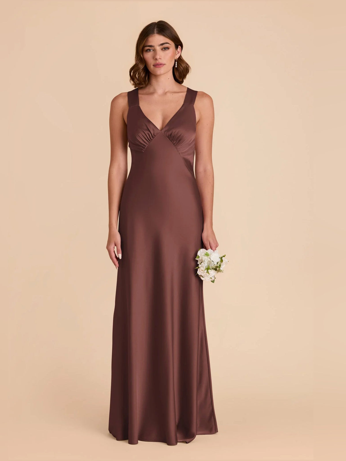 Ruched V-neck A-line maxi satin dress in chocolate, sleeveless gathered bodice.