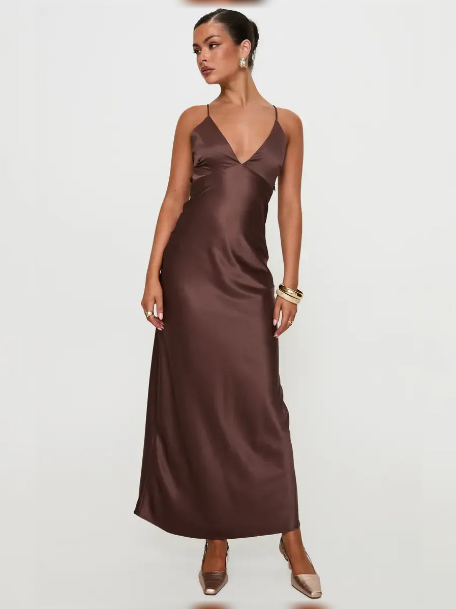 Chocolate satin V-neck spaghetti strap open-back formal dress, angled front view