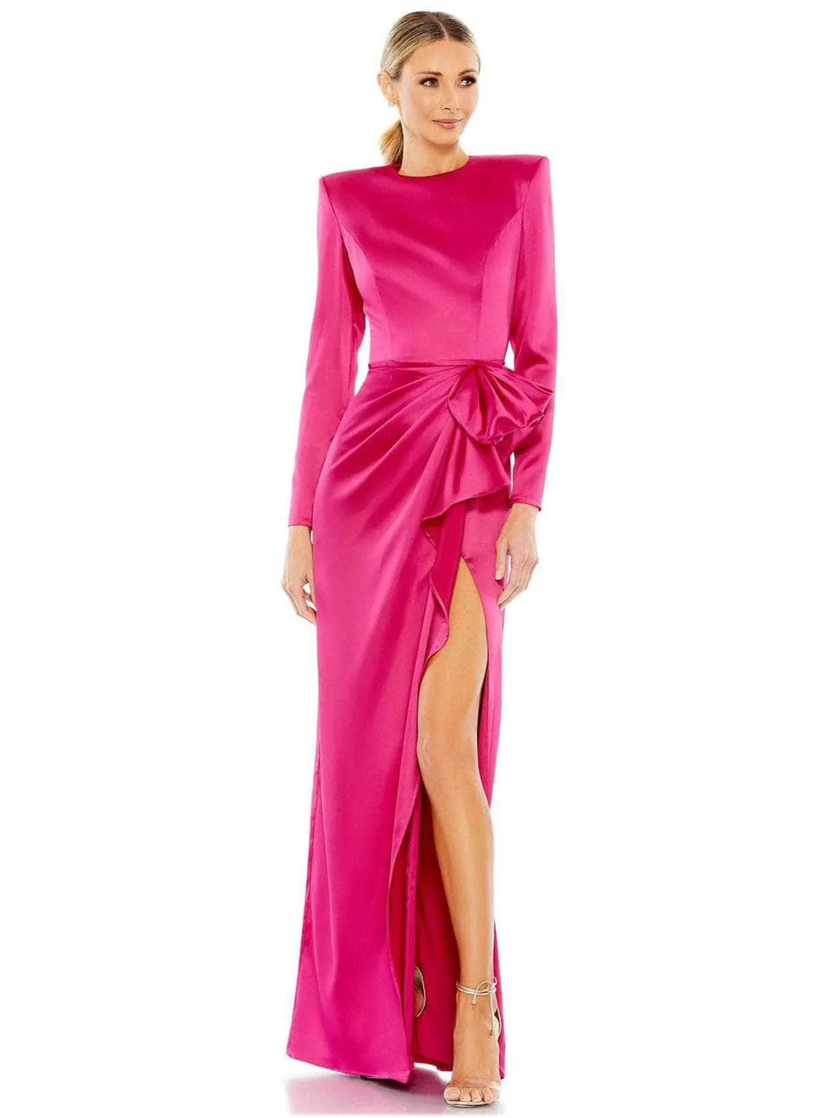 Floor-length formal dress in hot pink, long sleeves, knotted ruffle waist, leg slit
