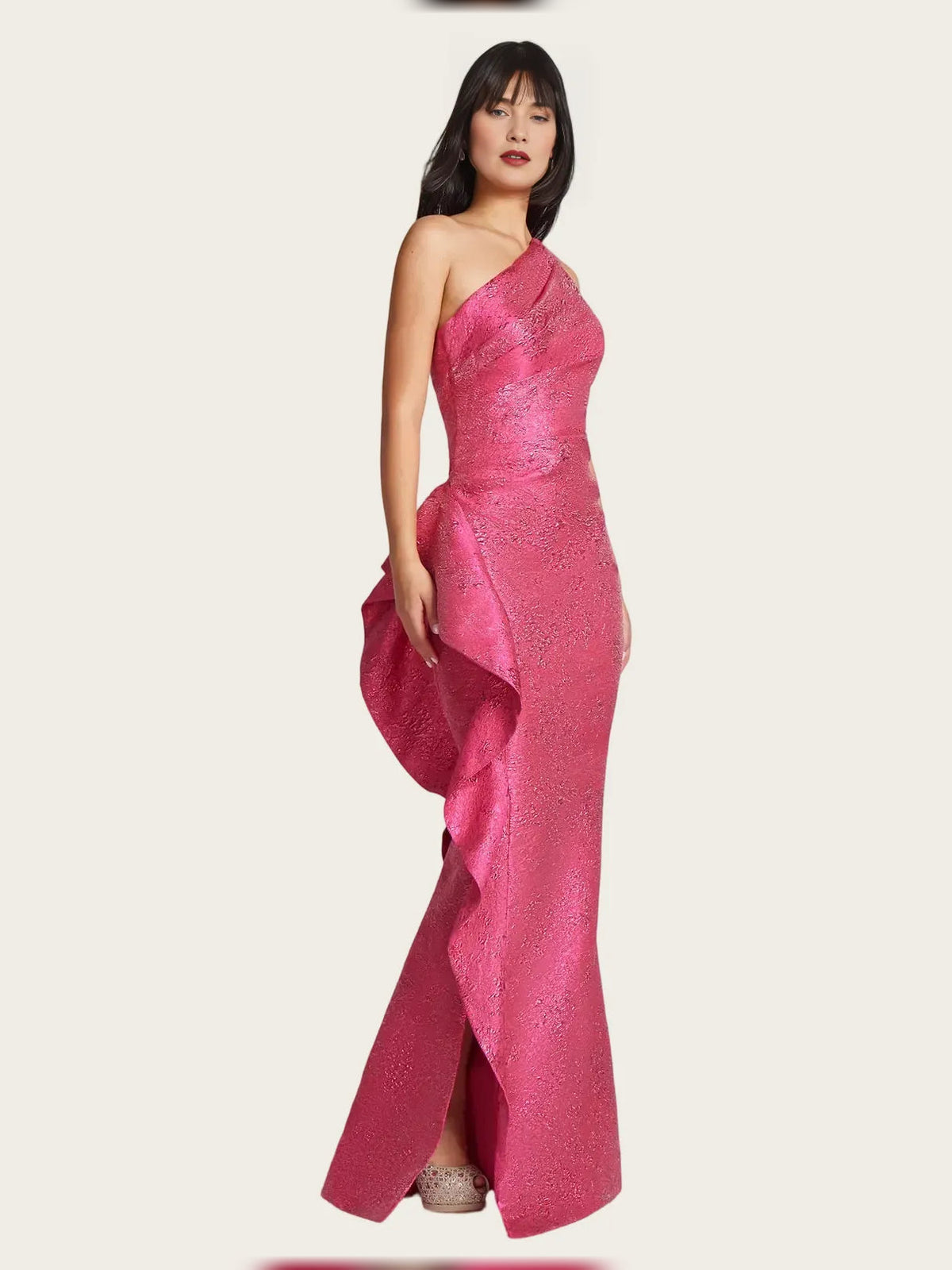 Magenta one-shoulder mermaid maxi satin dress with ruffled side slit and draped detail
