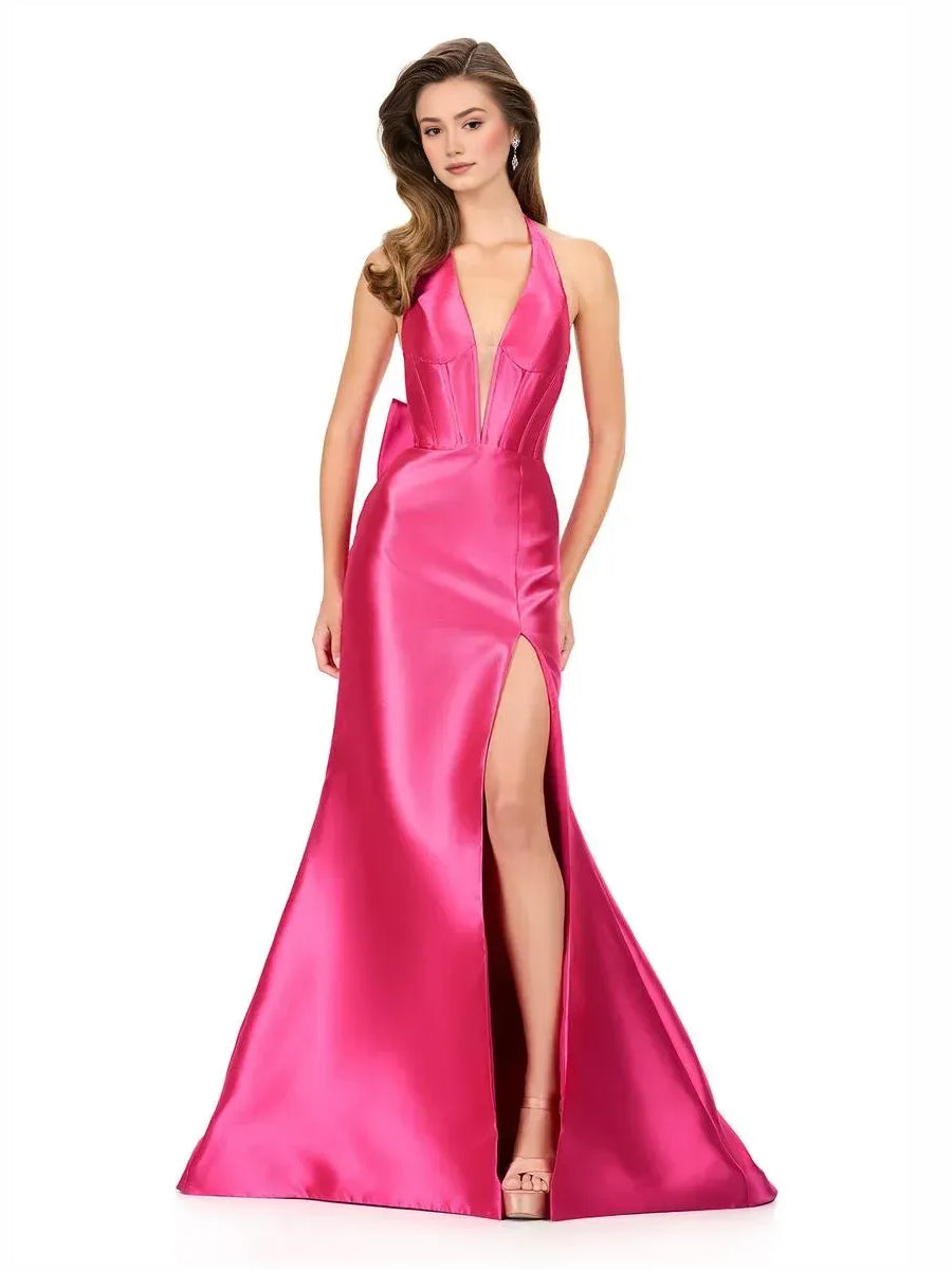 Pink satin halter corset ruffle floor-length gown with front slit