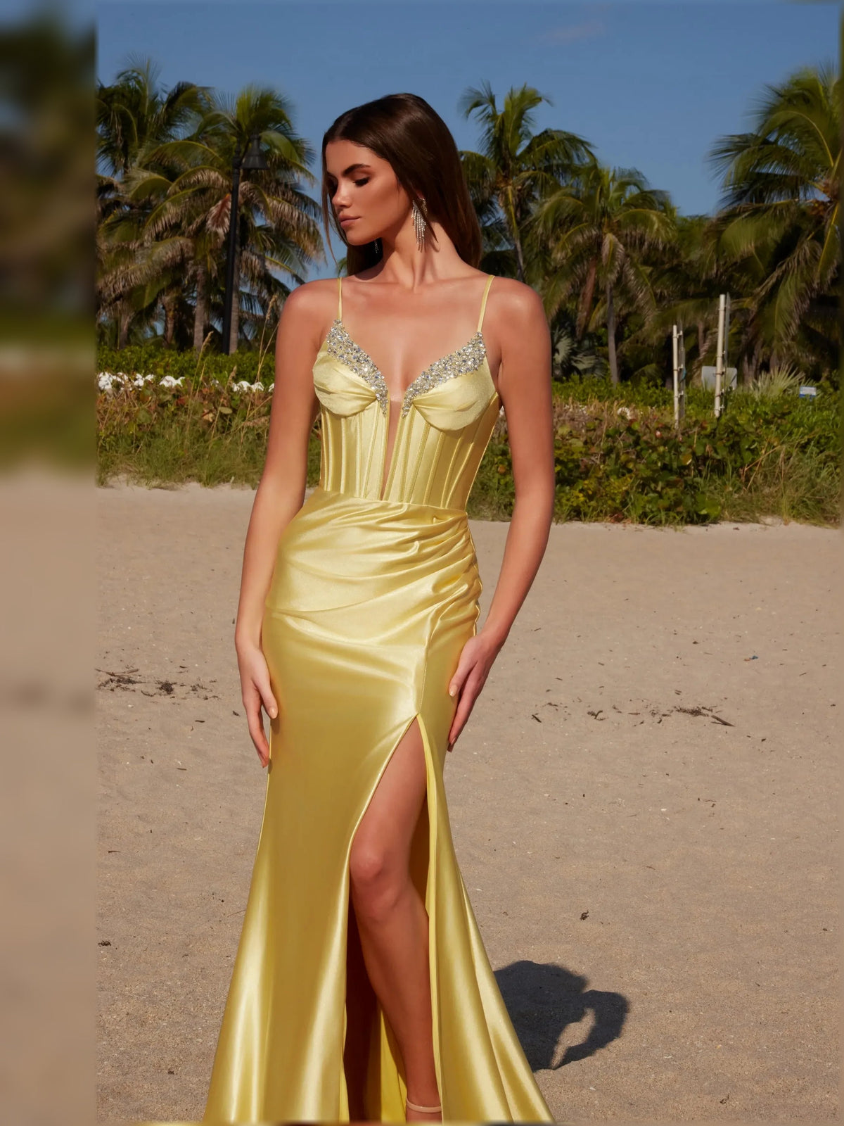 Corset ruched mermaid formal dress, pale yellow with spaghetti straps and thigh slit