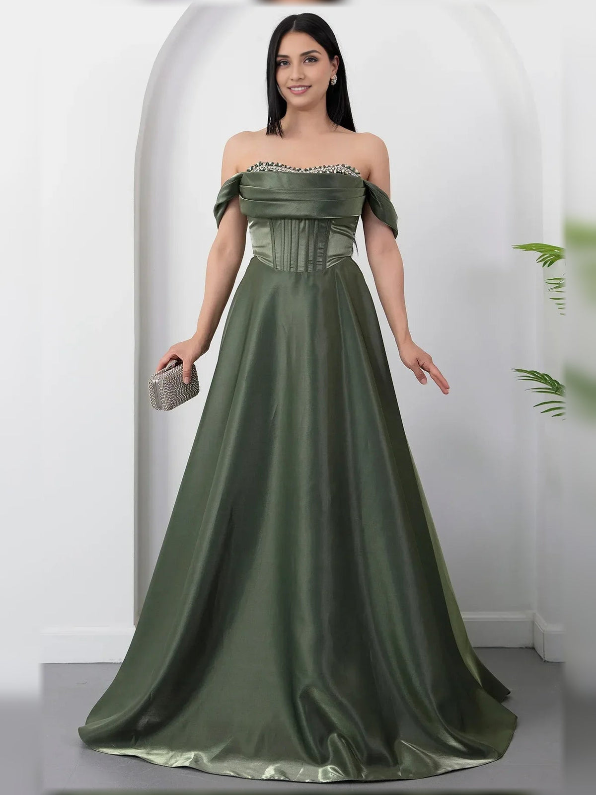 Dark green off-the-shoulder corset formal dress with beaded trim, floor-length skirt