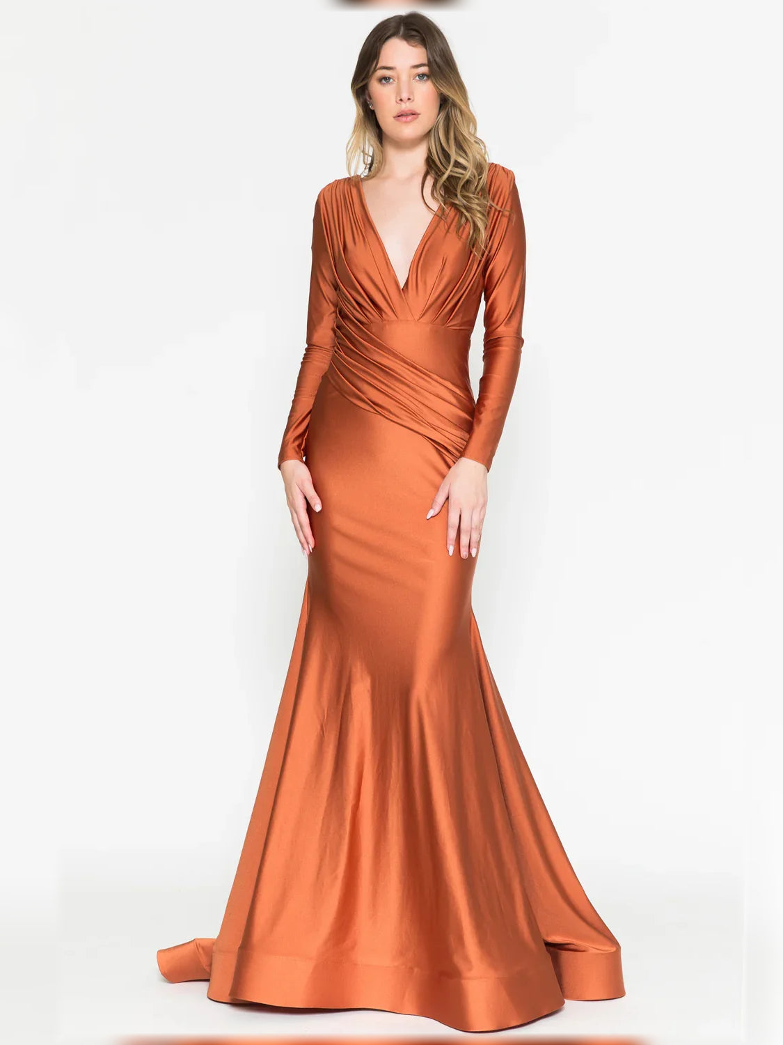 Floor-length ruched V-neck long-sleeve formal dress in rust orange satin