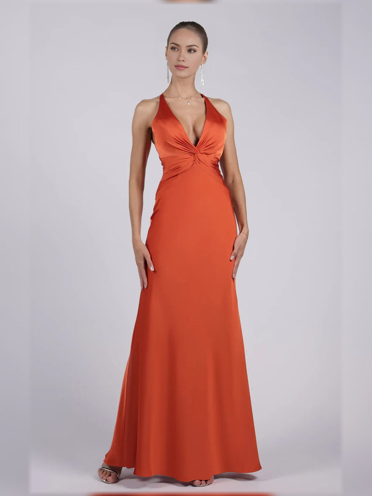 Burnt orange halter neck satin sheath formal dress, twisted neckline, floor-length