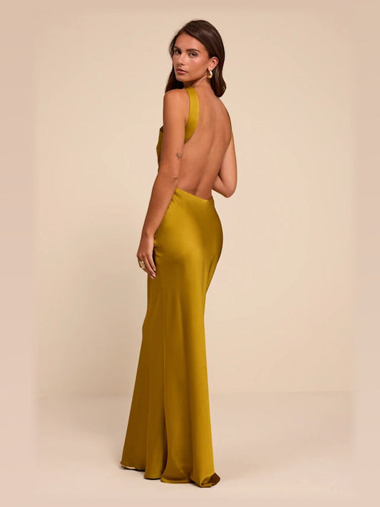 Chartreuse backless A-line maxi satin dress, open-back side view with thin straps