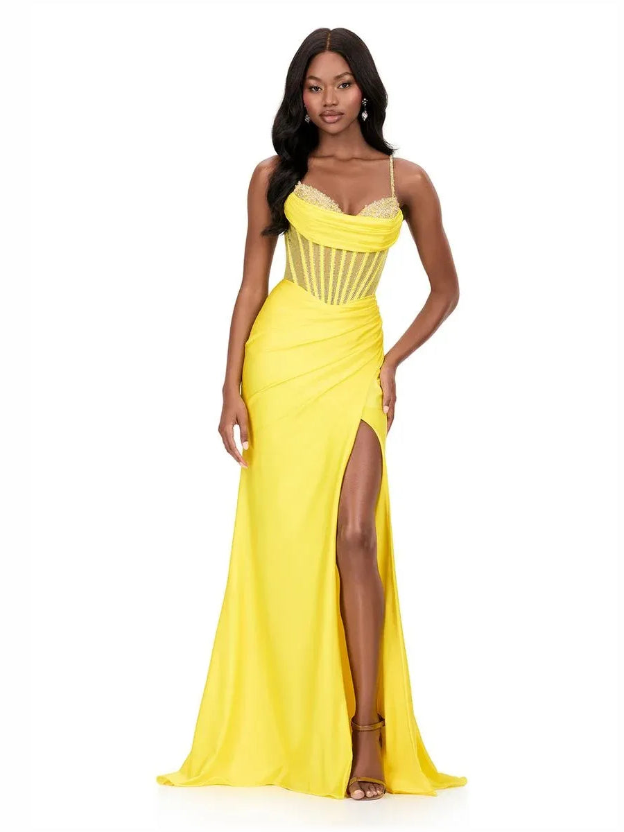 Sweetheart corset mermaid formal dress with spaghetti straps, yellow front slit
