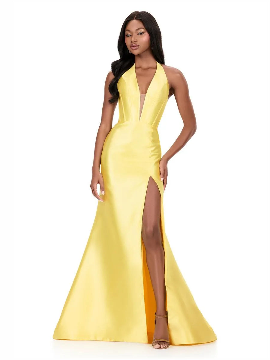 Yellow halter corset V-neck formal dress, floor-length with side slit