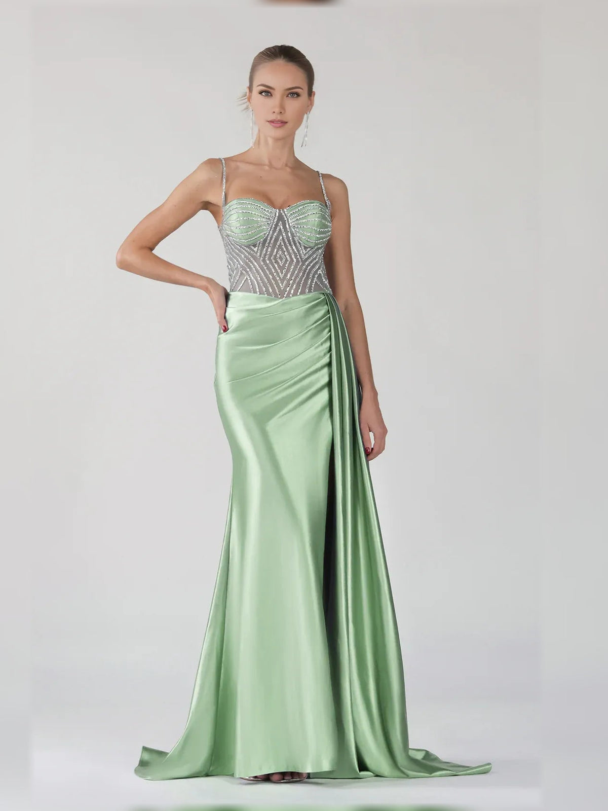 Mint green satin formal dress with sweetheart bodice, spaghetti straps, side slit