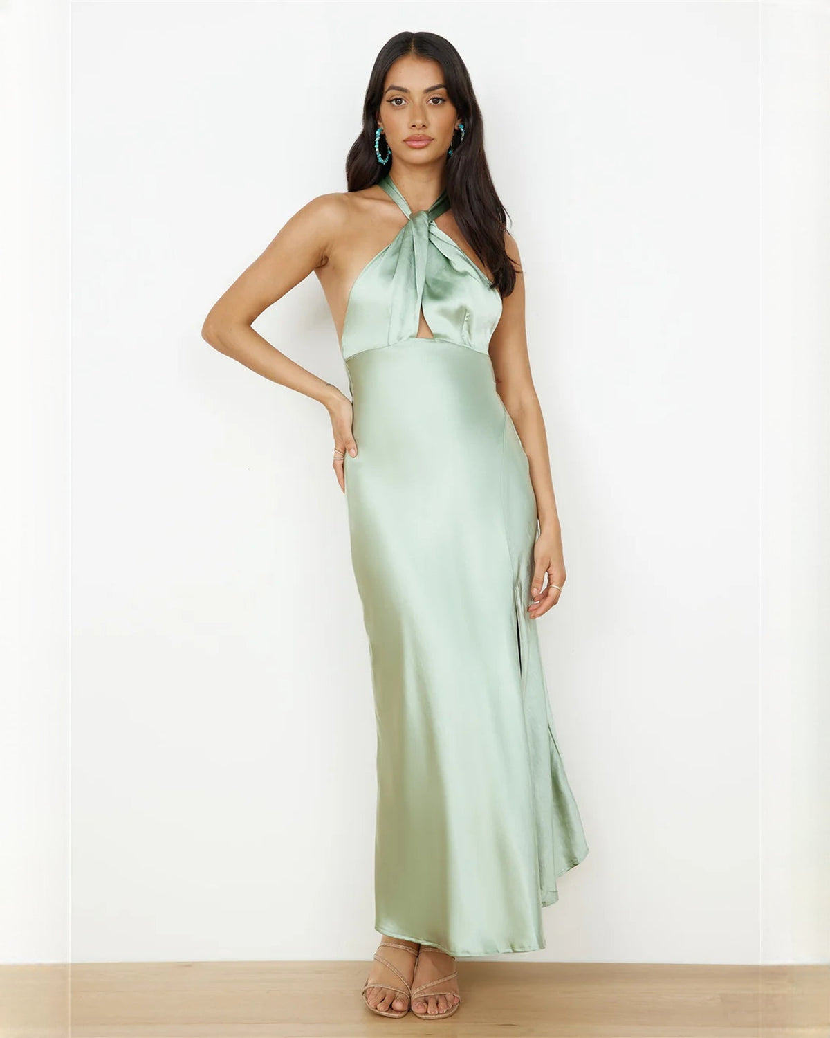 Mint green satin halter A-line maxi dress, side slit hem and neck-tie detail