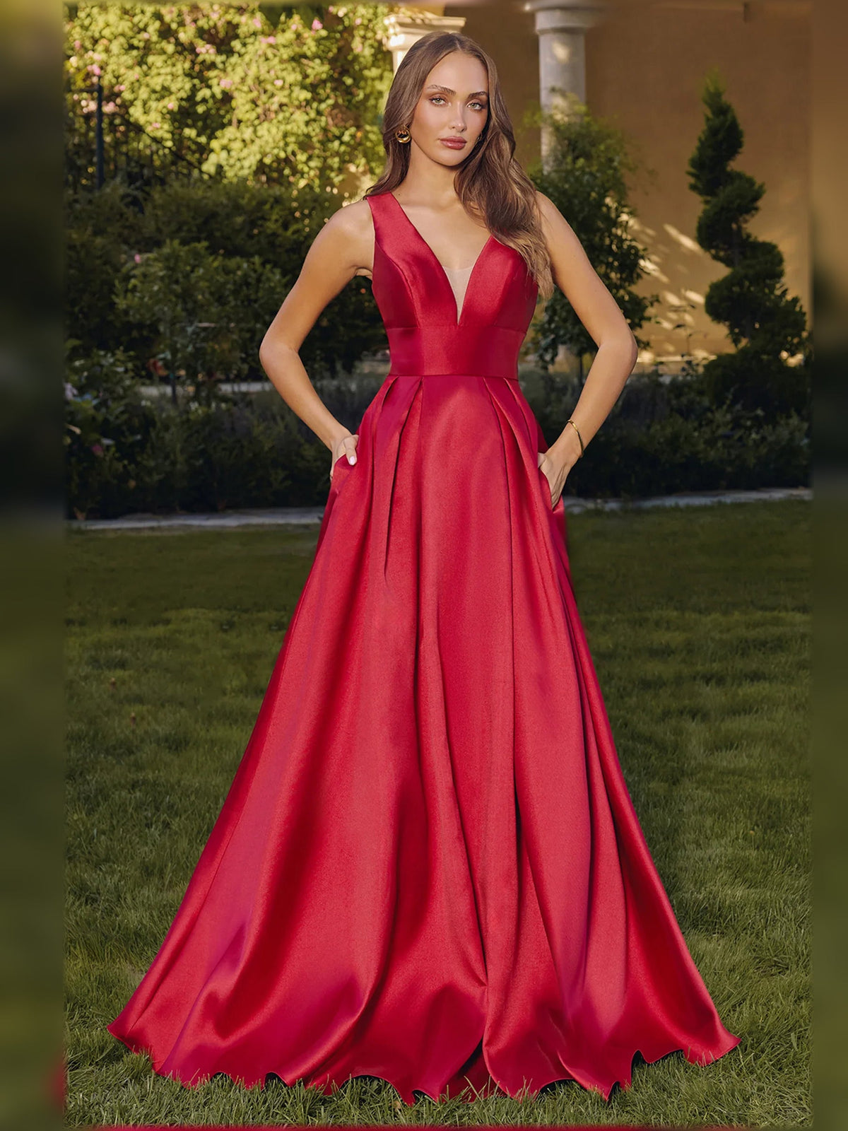 Crimson red V-neck satin A-line floor-length formal dress, full length