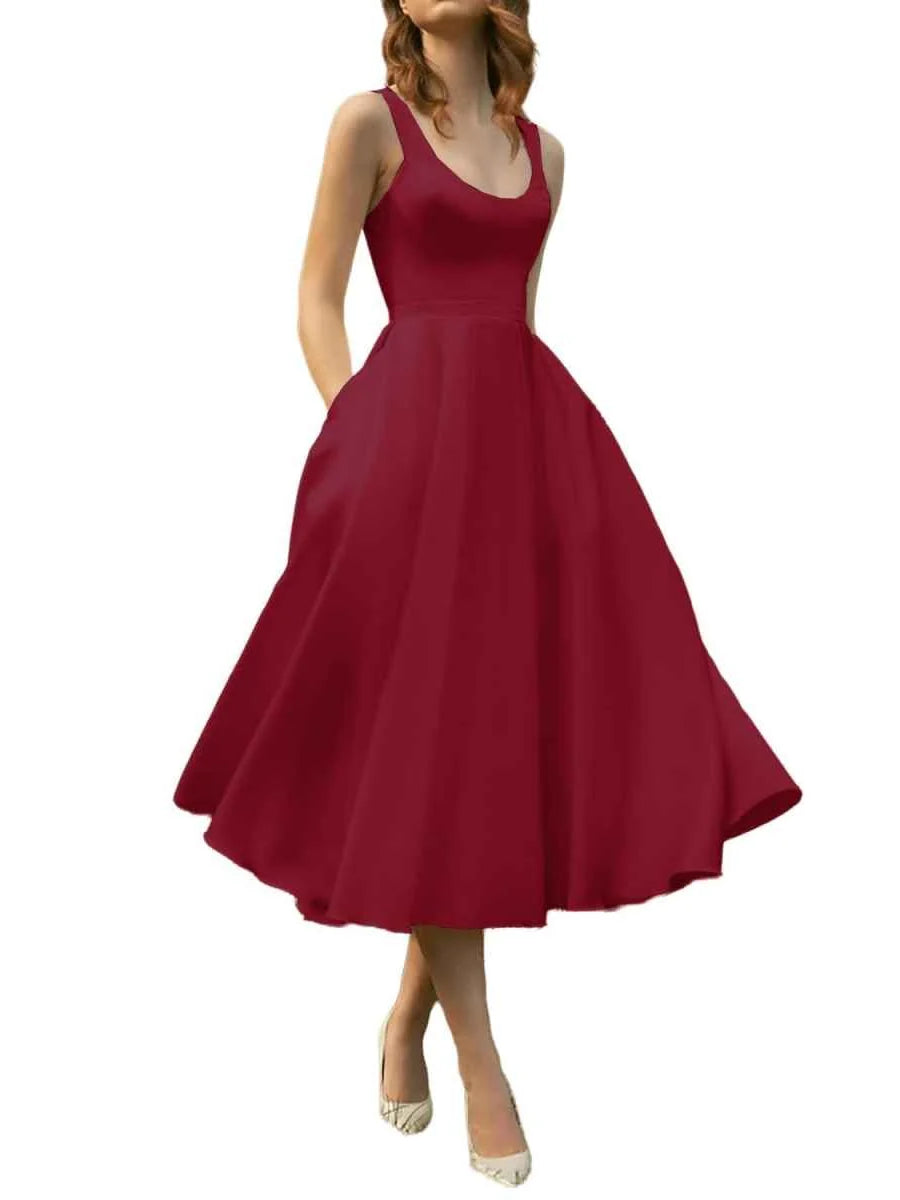 Crimson red satin A-line midi bridesmaid dress with scoop neckline and full flared skirt