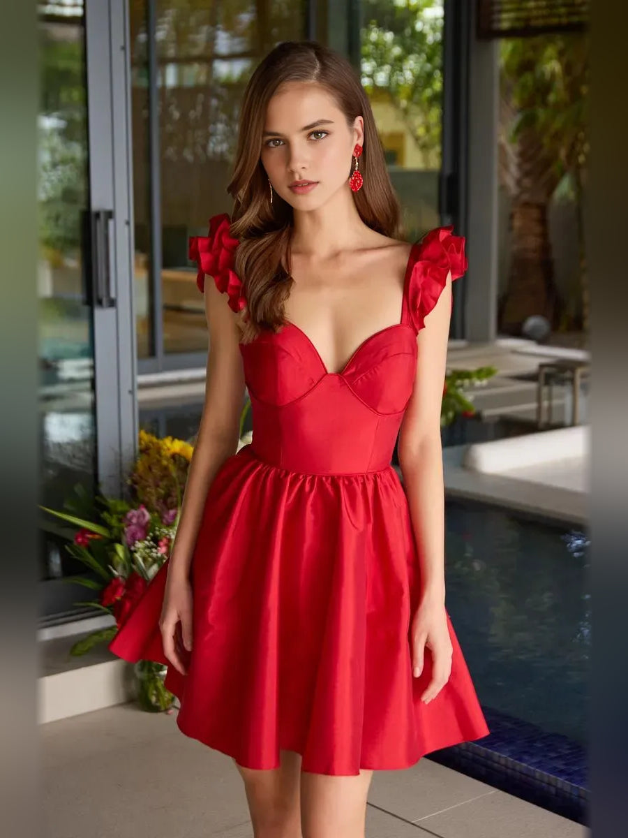 Red ruffled sweetheart A-line mini satin dress with cap sleeves