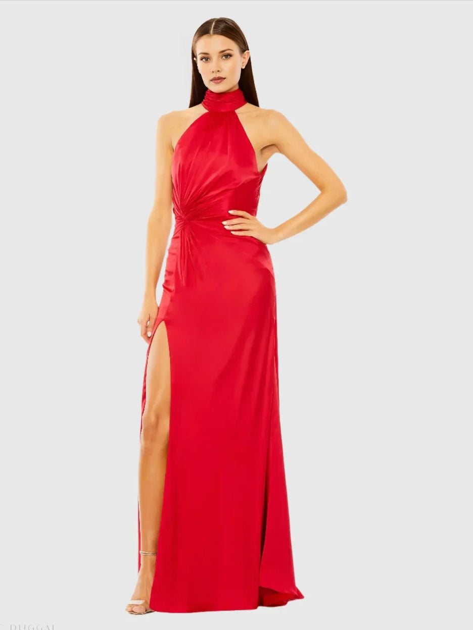 Red satin halter prom dress with ruched waist and side slit, floor-length
