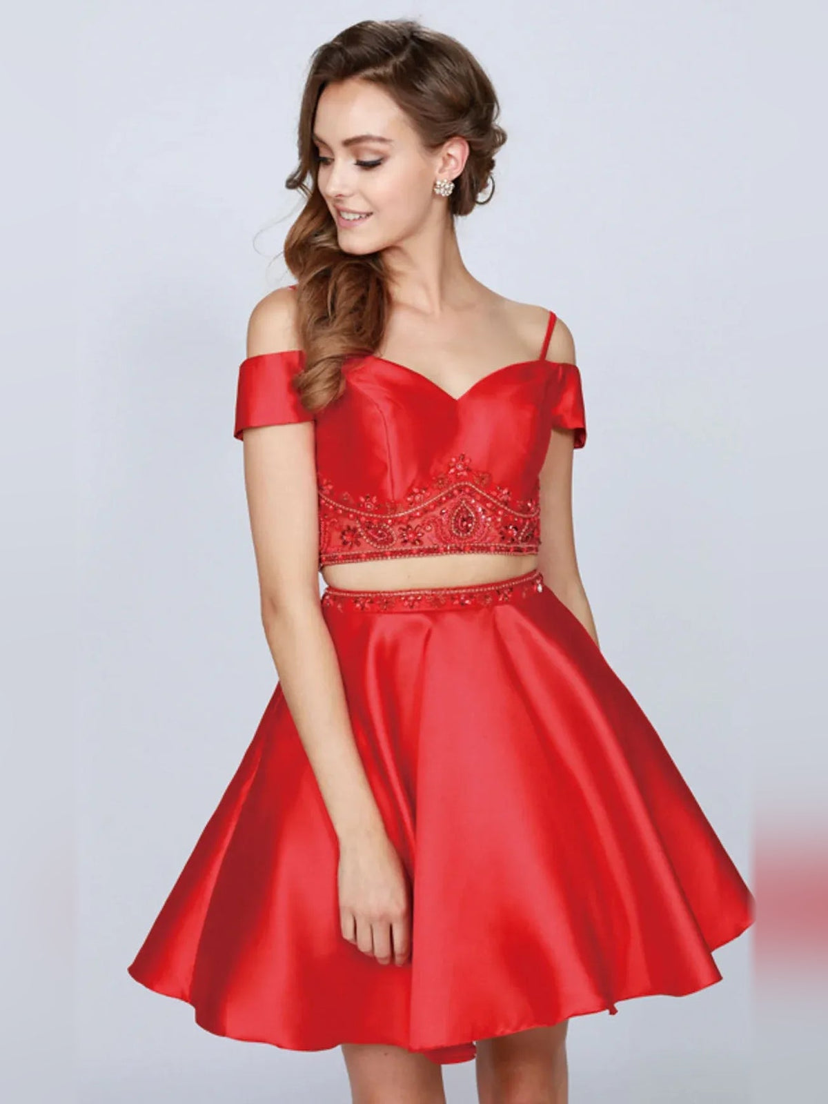 Red off-shoulder satin A-line short dress with beaded bodice and flared hem