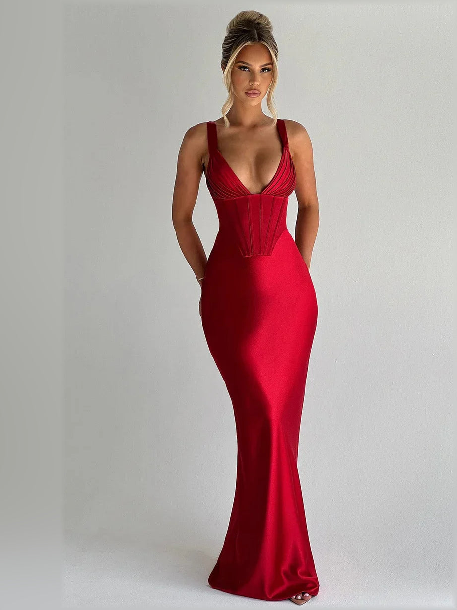 Red corset mermaid formal dress with V-neck and spaghetti straps, floor-length hem