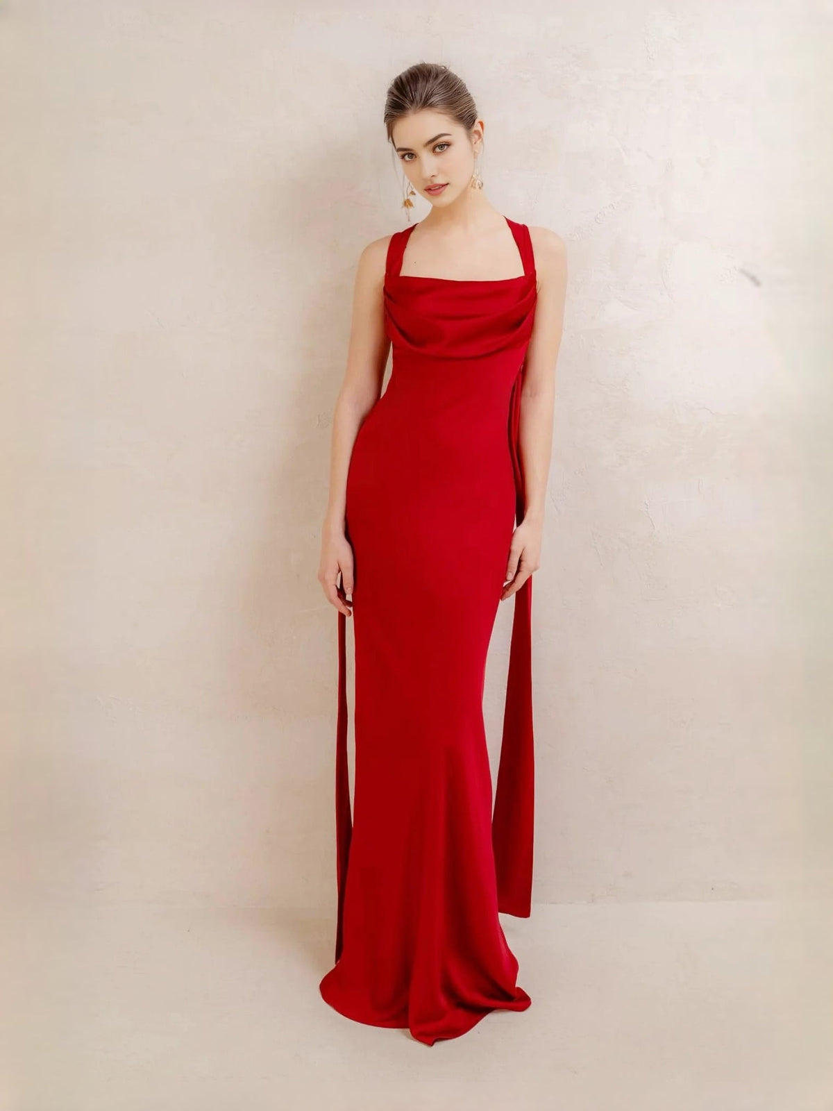 Red satin maxi sheath prom dress with draped cowl neck, sleeveless, floor-length