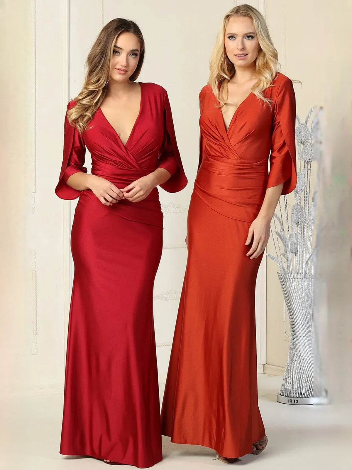 Red V-neck ruching mermaid formal gown with three-quarter sleeves, floor-length
