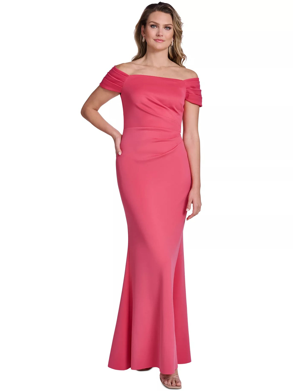Cherry off-the-shoulder formal dress with ruched bodice and floor-length skirt