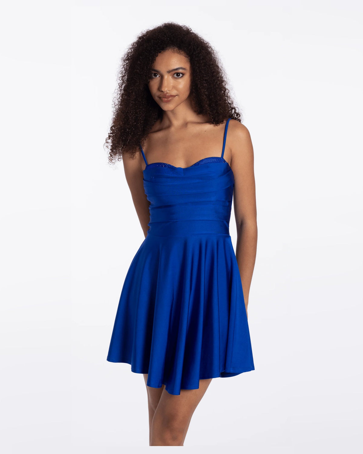 Royal blue pleated A-line dress with sweetheart neckline and flared skirt
