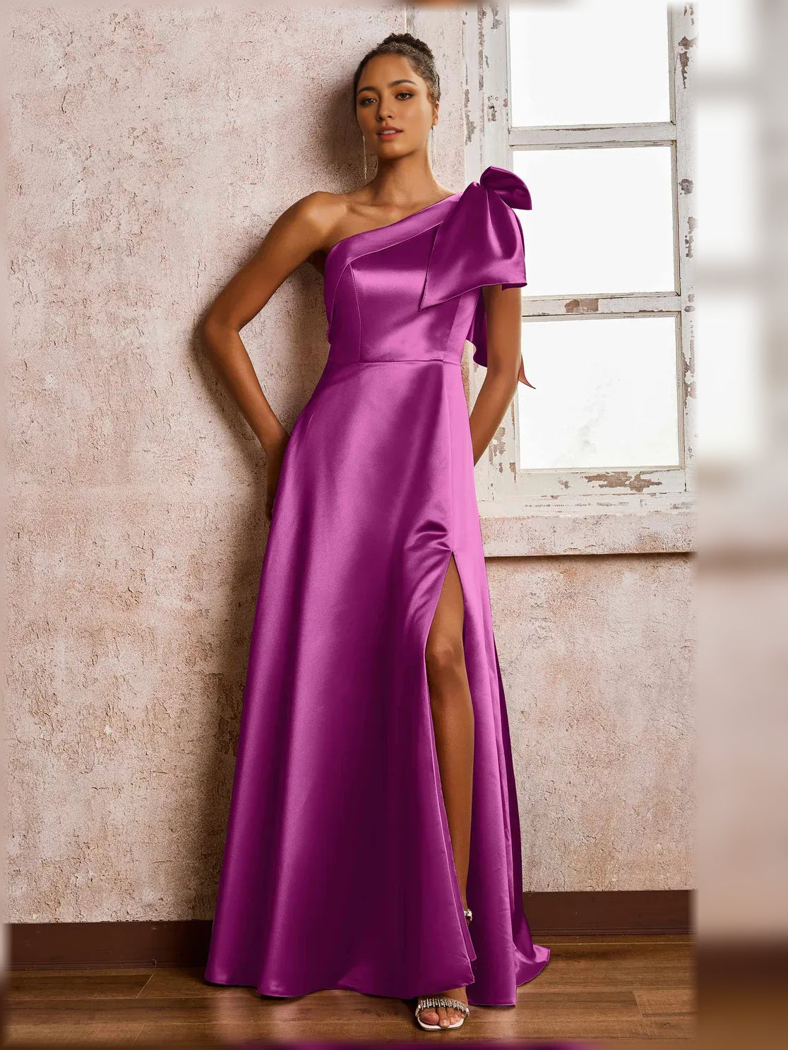 Orchid one-shoulder satin A-line formal dress with side slit, floor-length