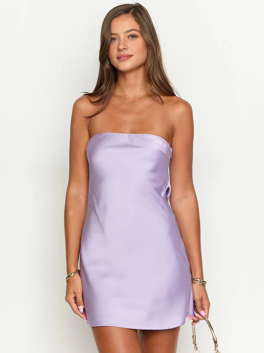 Purple satin mini dress, strapless with ruched bodice and A-line skirt