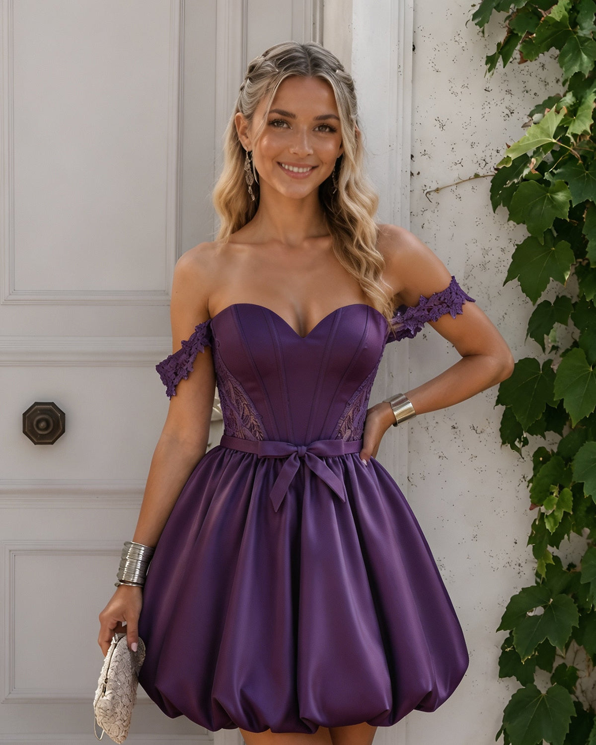 Purple off-shoulder satin homecoming dress with sweetheart neckline and bubble skirt hem