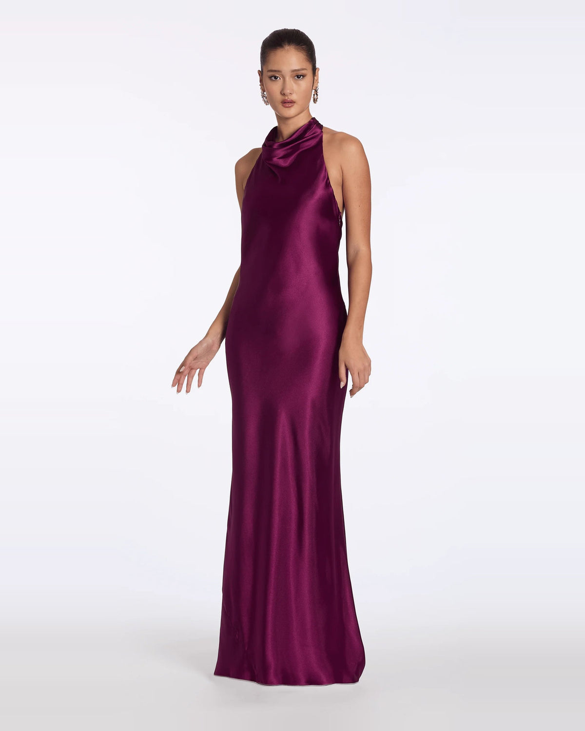 Burgundy halter-neck column maxi prom dress with sleeveless draped neckline