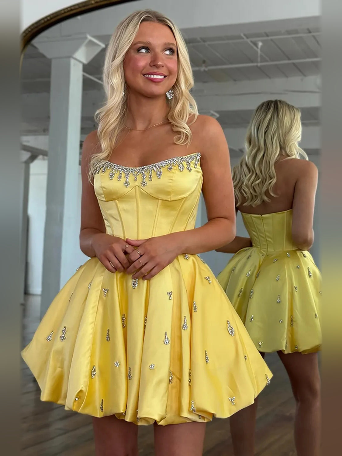 Yellow satin A-line mini dress with sweetheart corset bodice and sparkling neckline trim