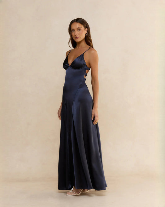 Navy satin A-line maxi dress, deep V-neck and ruched bust, spaghetti straps