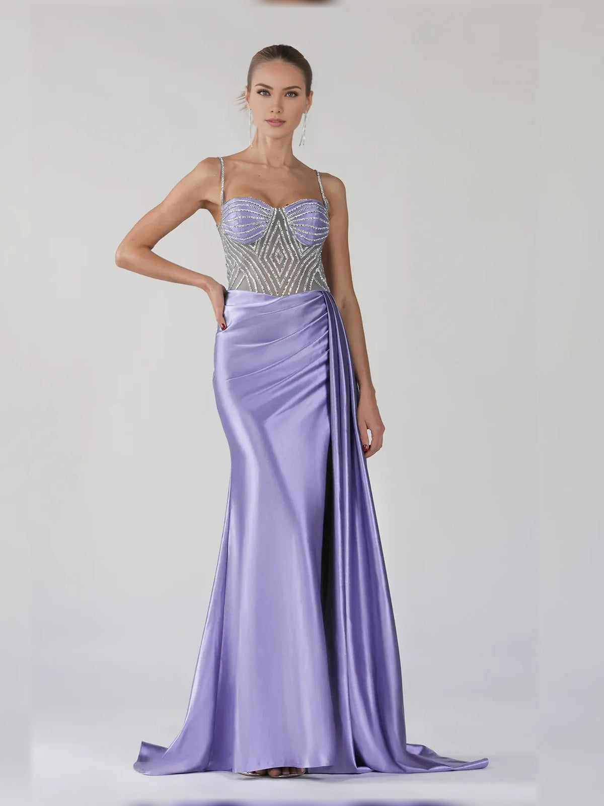 Lilac satin formal dress with sweetheart bodice, spaghetti straps, side slit