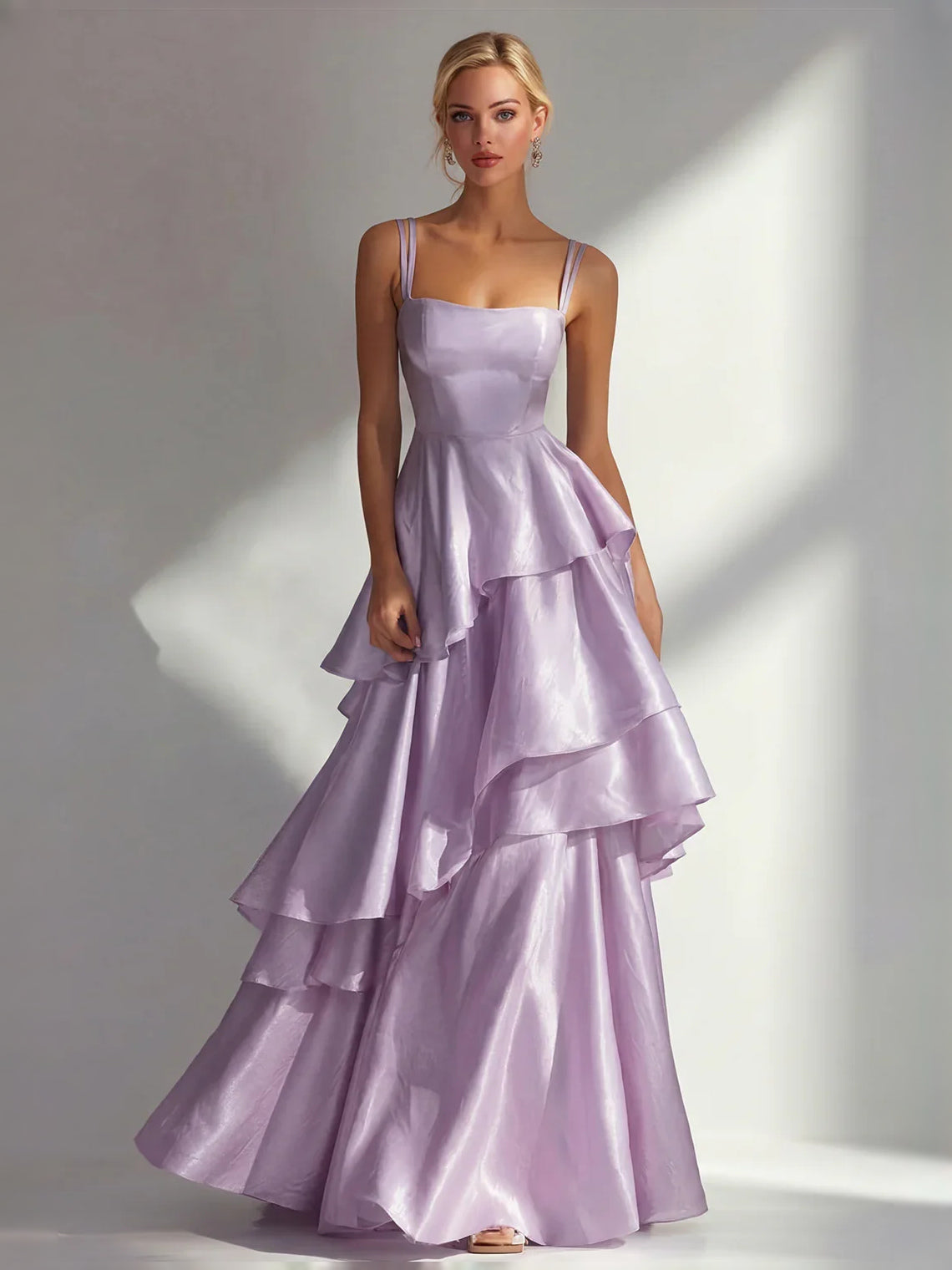 Lilac satin prom dress with square neckline, spaghetti straps, tiered ruffle A-line skirt