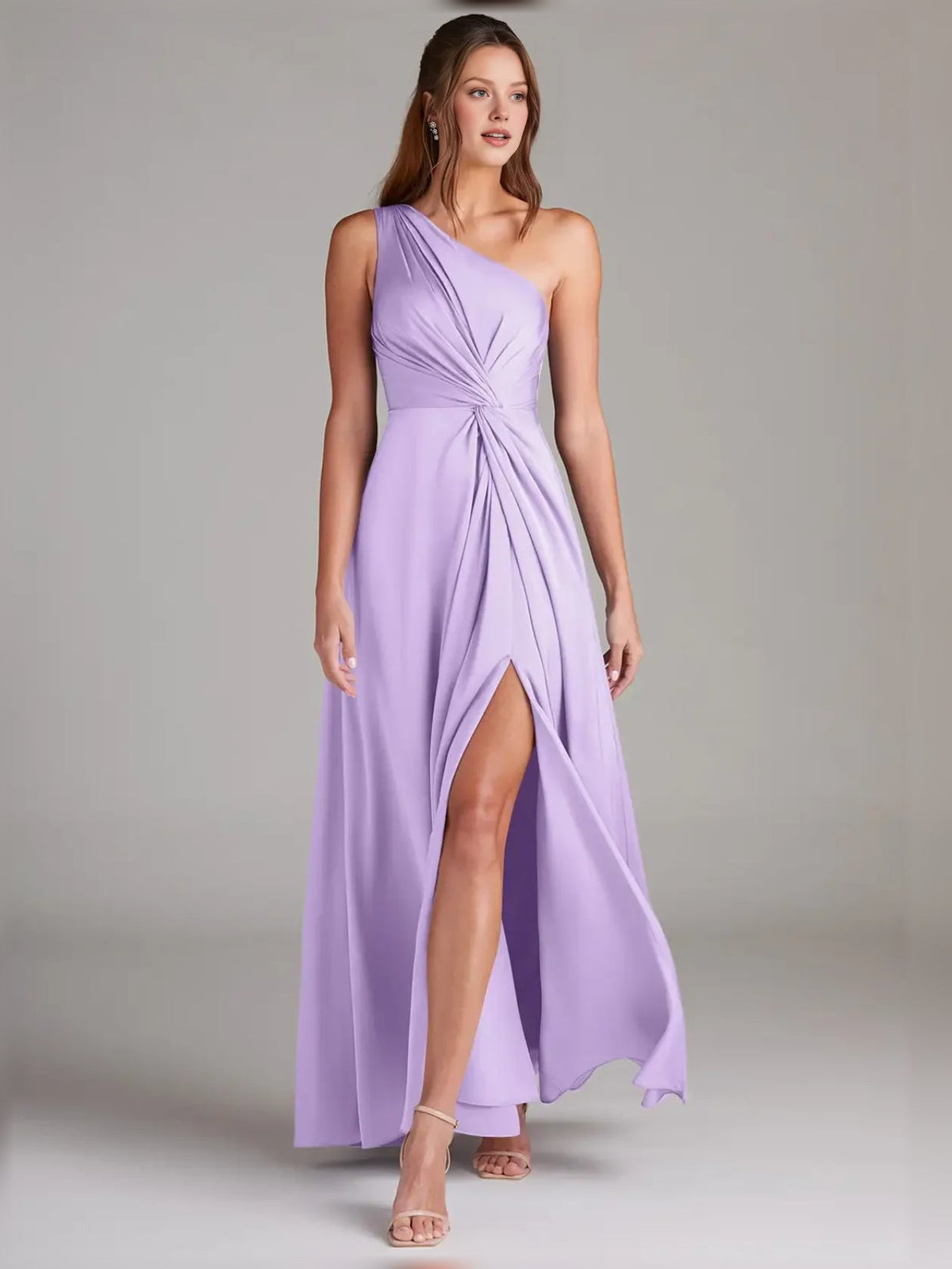 Lilac one-shoulder formal dress with twisted bodice, draped A-line skirt and thigh slit.