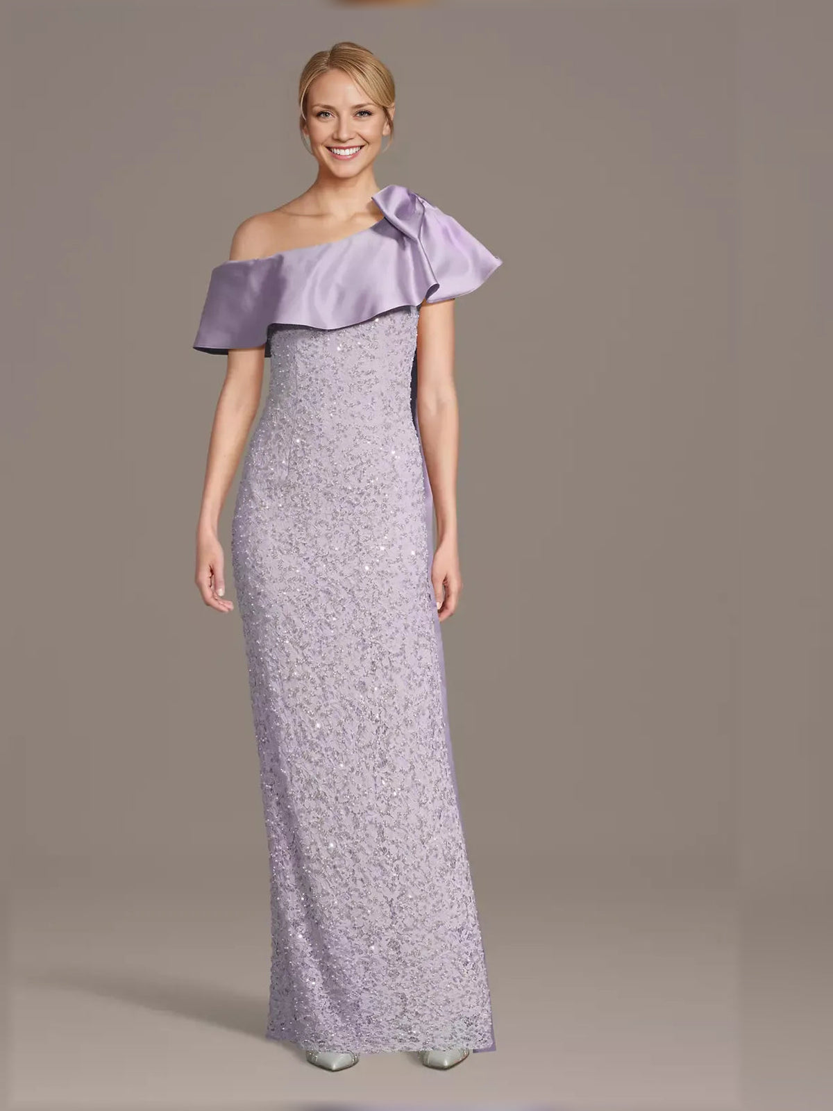Lilac one-shoulder satin sheath with ruffled shoulder and beaded floor-length sparkle
