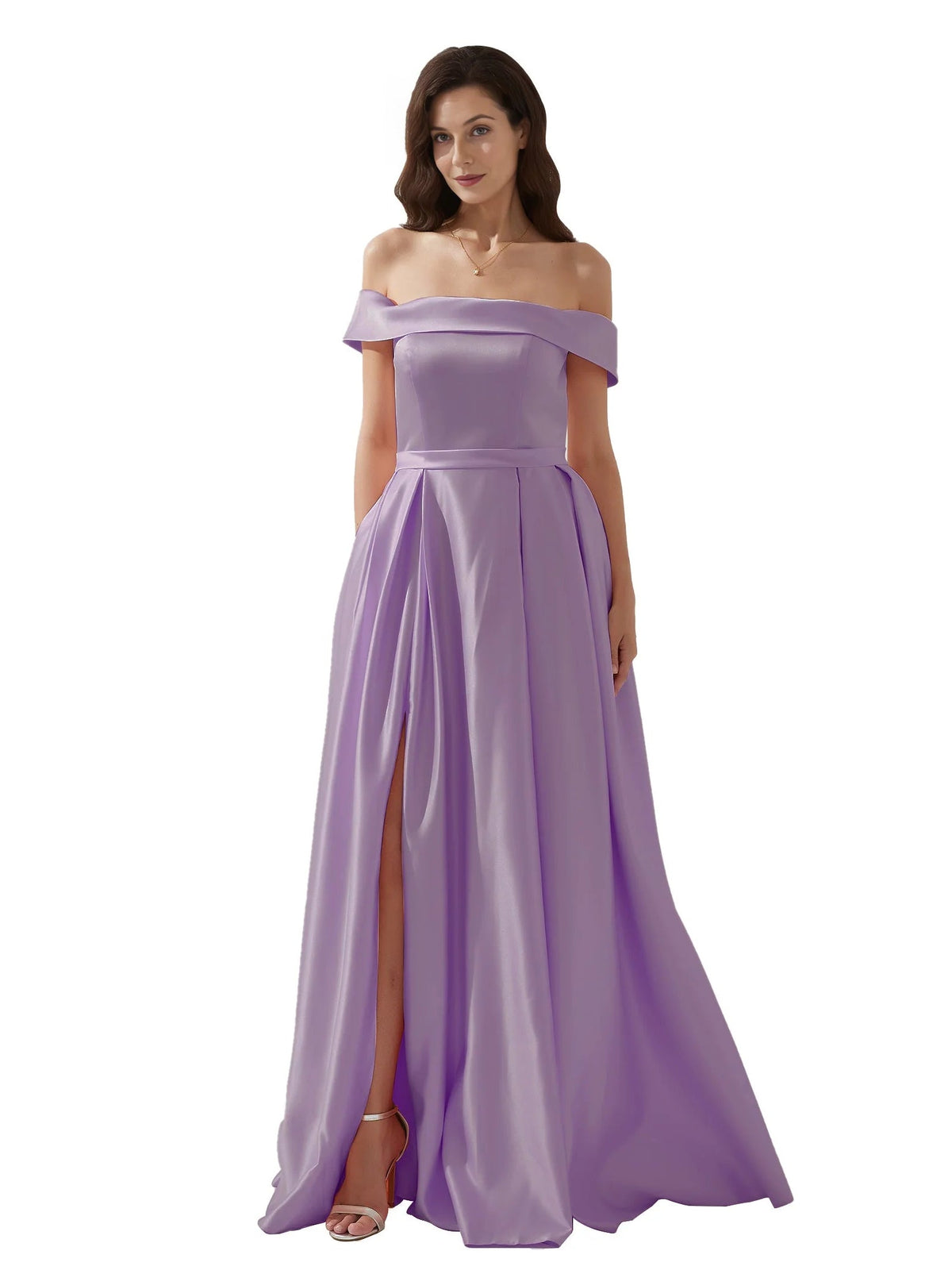 Lilac off-shoulder formal dress with open back, gathered bodice and floor-length side slit