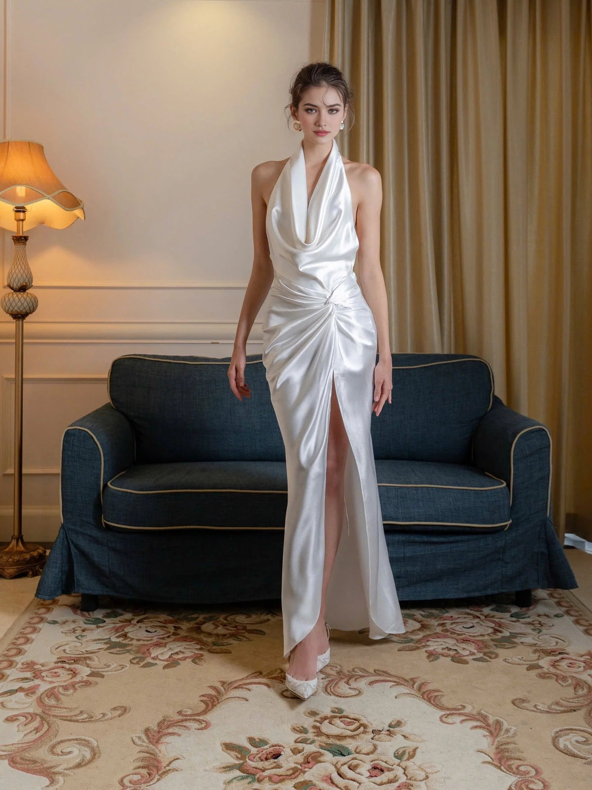 White satin prom maxi dress with cowl neckline and long front slit, full front view
