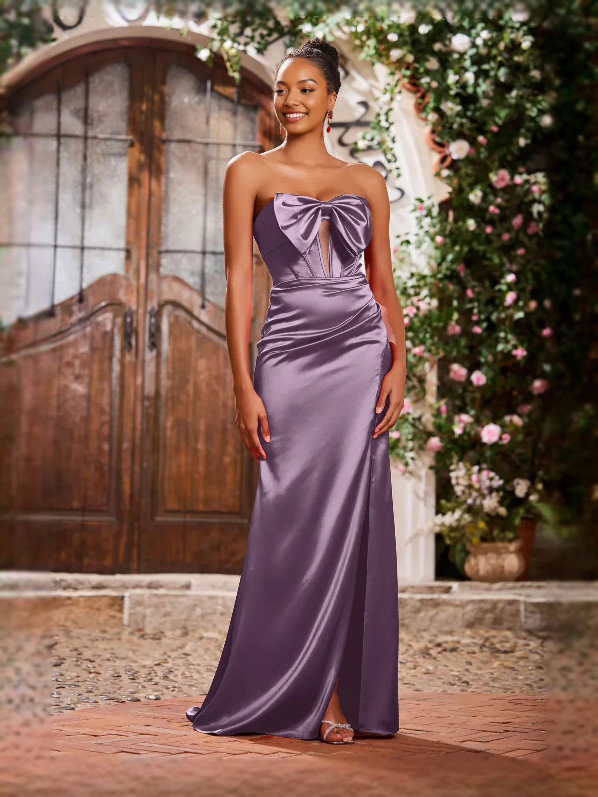 Ruched satin strapless mermaid prom dress in mauve purple with sweetheart bodice and slit